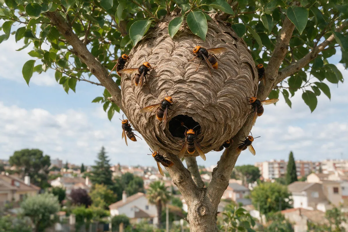 Nido de avispa asiática Vespa velutina en árbol de València centro, Sanea Plagas València