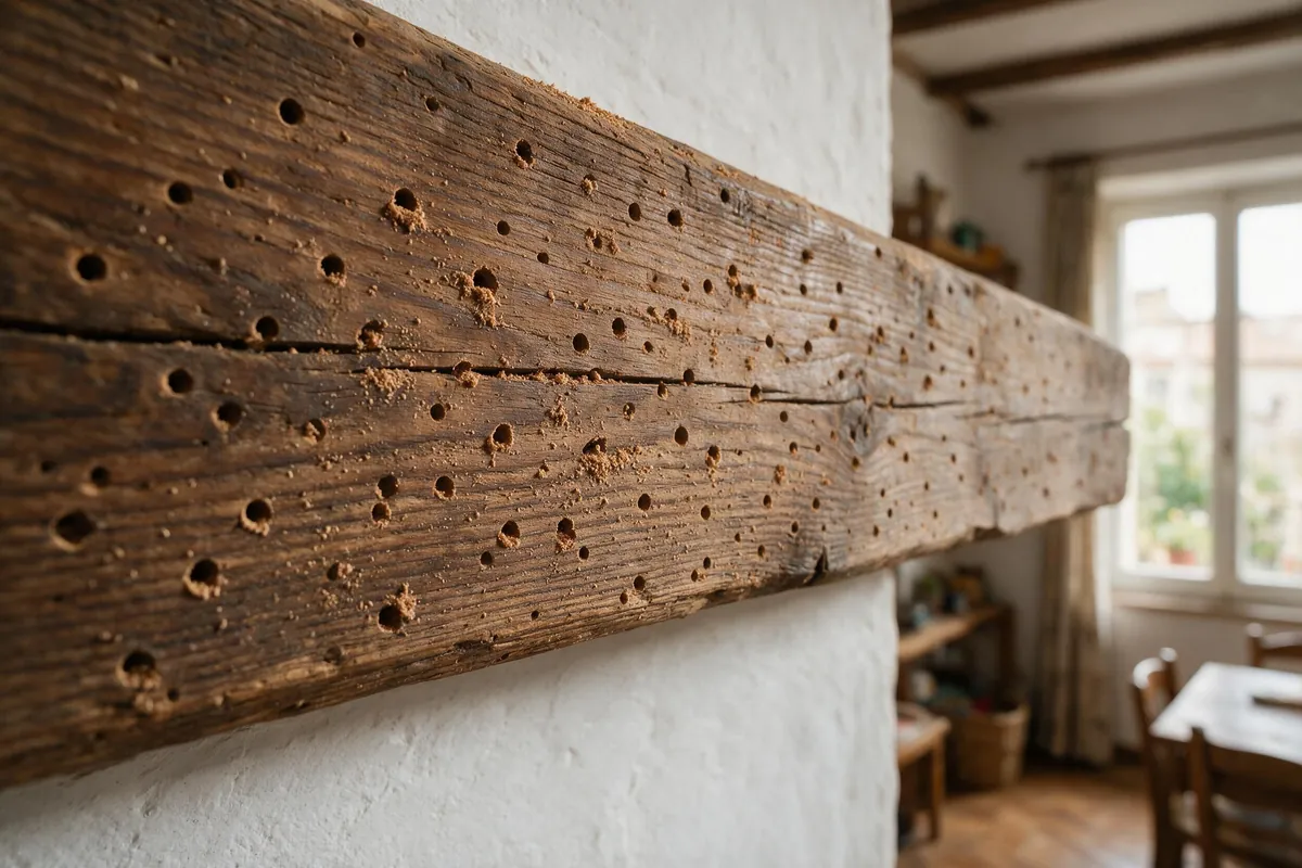 Orificios y serrín de carcoma en viga de madera de vivienda del centro de València, Sanea Plagas València