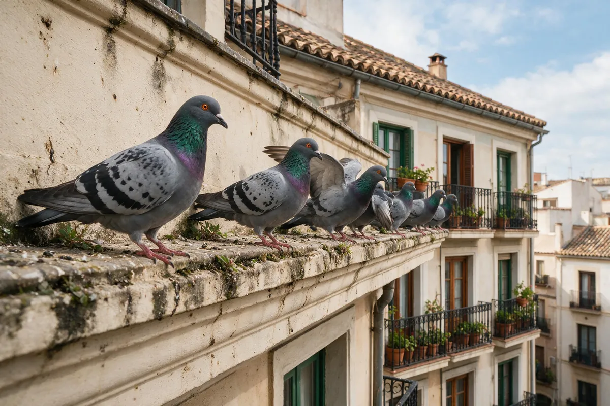 Red y púas de disuasión para palomas en cornisa de finca de València centro - Sanea Plagas València